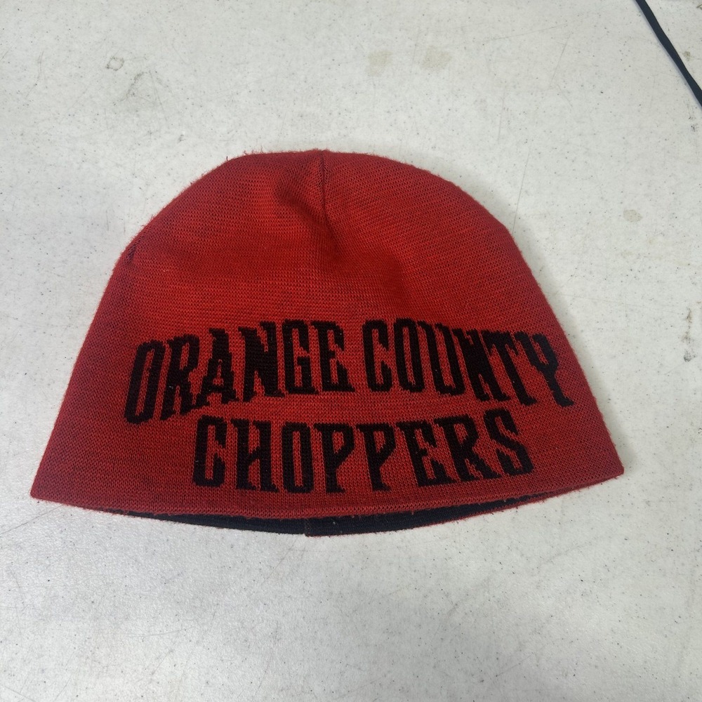 Orange County Choppers OCC Reversible Knit Beanie Hat Red Black Logo Mens Womens